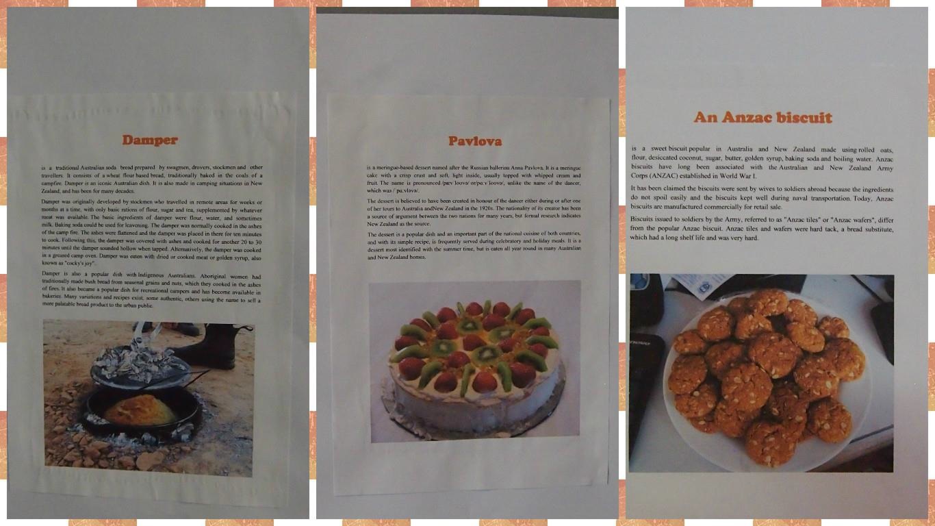 Tradicionalni australski recepti, uključujući poznatu tortu Pavlova, smišljenu u čast ruske balerine Ane Pavlove, bili su također prikazani fotografijama.