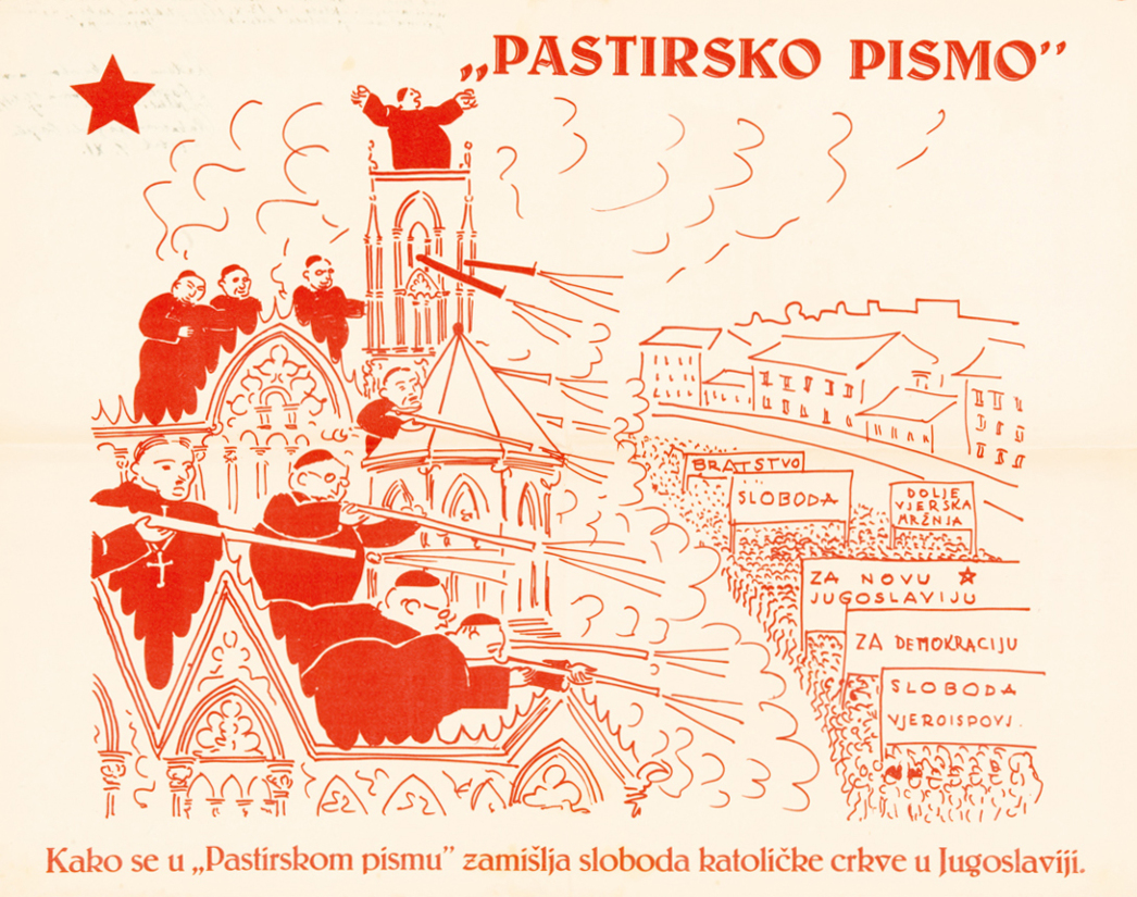 Predizborni plakat „Kako se u Pastirskom pismu zamišlja sloboda katoličke crkve u Jugoslaviji?“. Muzej Slavonije Osijek